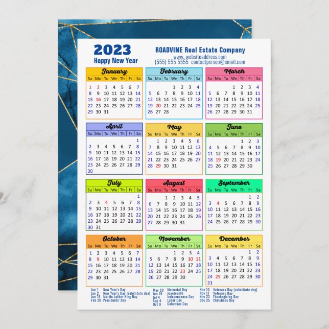 2023 Calendar Modern Geometric Blue Business Holiday Card (Front/Back)