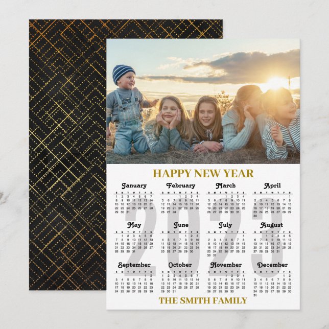 2023 Calendar Modern Gold and Black Script Photo Holiday Card (Front/Back)