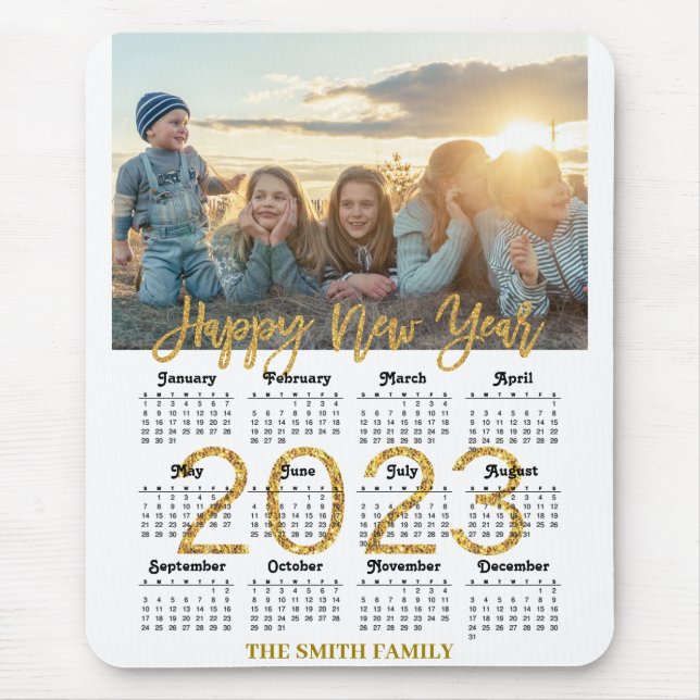 2023 Calendar Modern Gold Glitter Script Photo Mouse Pad (Front)