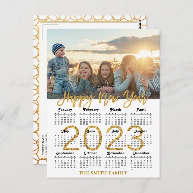 2023 Calendar Modern Gold Glitter Script Photo Postcard (Front/Back)