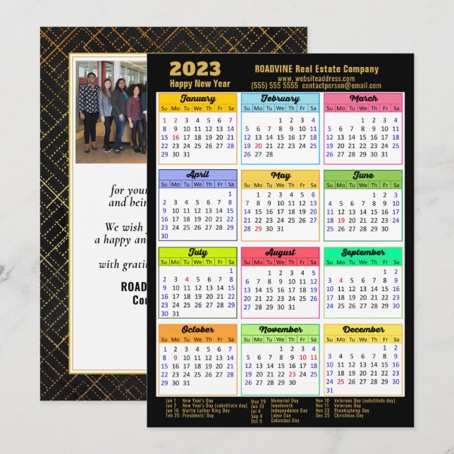 2023 Calendar Modern Gold Script Photo Business Holiday Card (Front/Back)