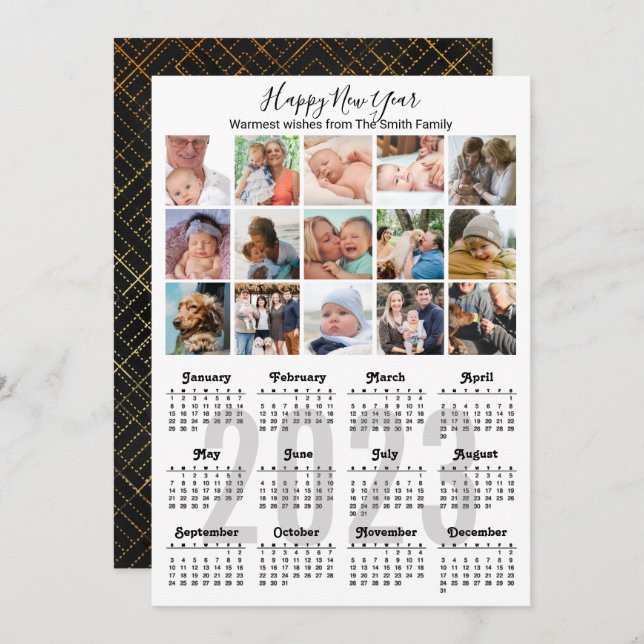 2023 Calendar Multi Photo Cute Script Modern Black Holiday Card (Front/Back)