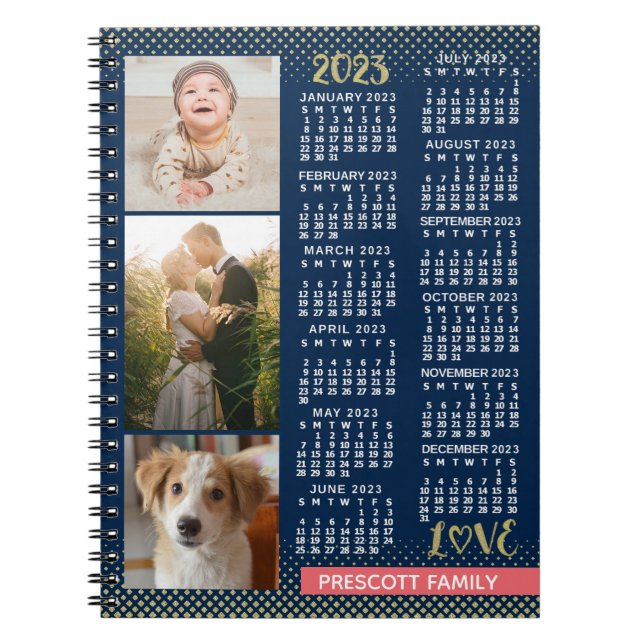 2023 Calendar Navy Coral Gold Family Photo Collage Notebook (Front)