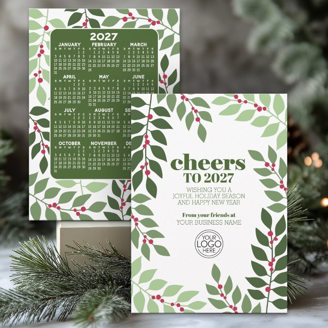 2023 Calendar purple green CHEERS Logo Business Holiday Card (Business Holiday Card with 2027 Calendar - Can Include Corporate Logo)