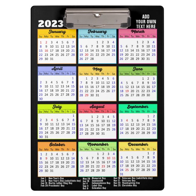 2023 Calendar with Public Holidays Modern Colourfu Clipboard (Front)