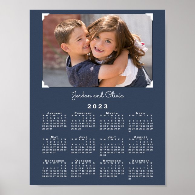 2023 Calendar with Your Photo and Name on Navy Poster (Front)