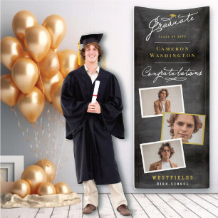 2023 Chalkboard Sketch 3 Photo Graduation Party Banner