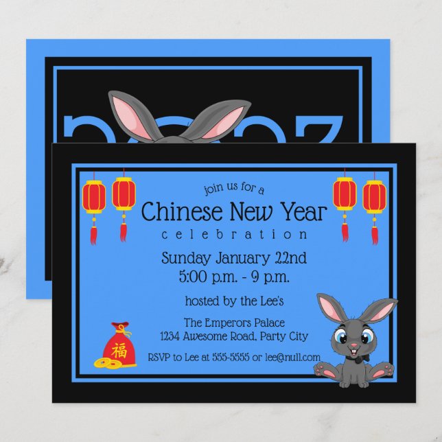 2023 Chinese New Year Cartoon Rabbit Invitation (Front/Back)