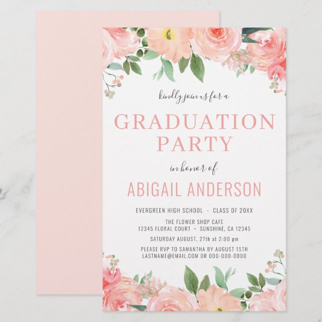 2023 Coral Peach Floral Grad Budget Invitation (Front/Back)