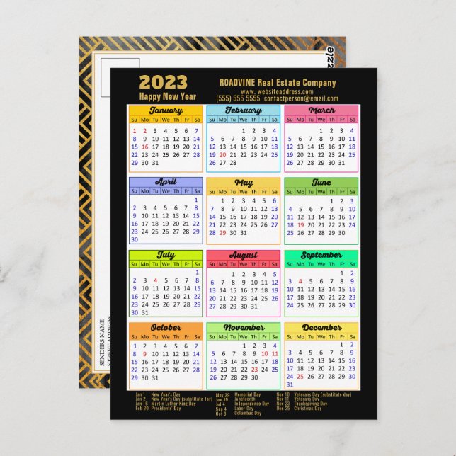 2023 Corporate Black Gold Script Modern Calendar Postcard (Front/Back)