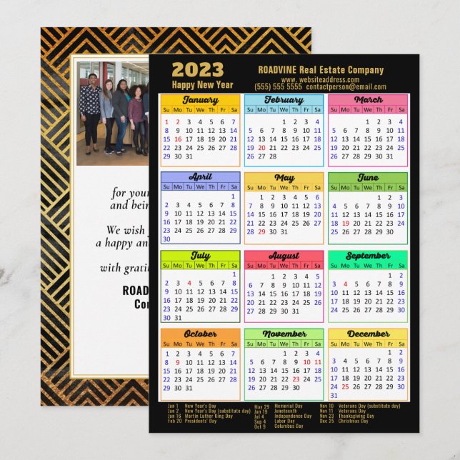 2023 Corporate Photo Gold Script Modern Calendar Holiday Card (Front/Back)