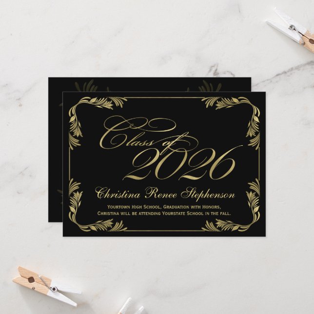 2023 Elegant Black/Gold Classy Formal Graduation Invitation (Front/Back In Situ)