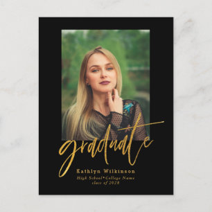 2023 Elegant Gold Black Script Photo Graduation Announcement Postcard