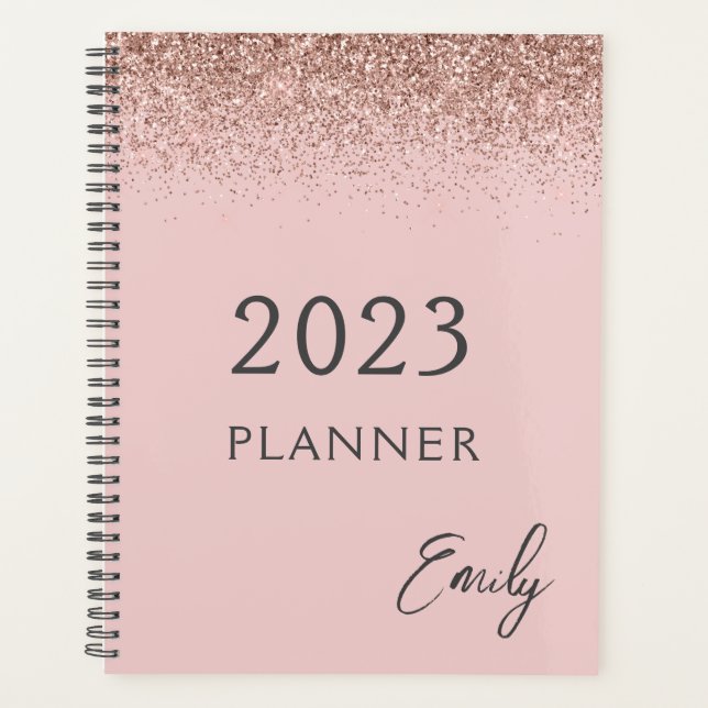 2023 Girly Rose Gold Blush Pink Glitter Planner (Front)