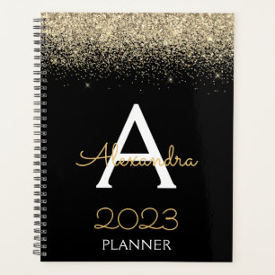 2023 Gold Black Glitter Monogram Modern Luxury Planner