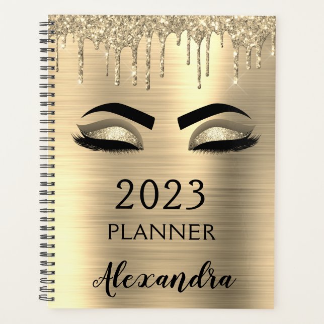 2023 Gold Glitter Sparkle Eyelashes Glam Planner (Front)