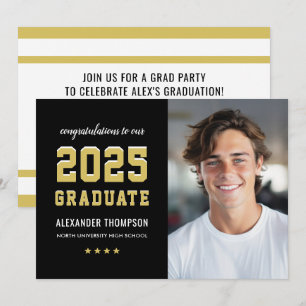 2023 Graduate Black Gold Graduation Party Photo Invitation