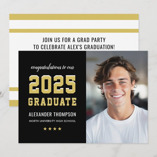 2023 Graduate Black Gold Graduation Party Photo Invitation (Front/Back)