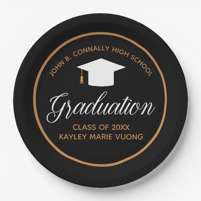 2023 Graduation Black Gold Custom School Party Paper Plate (Front)