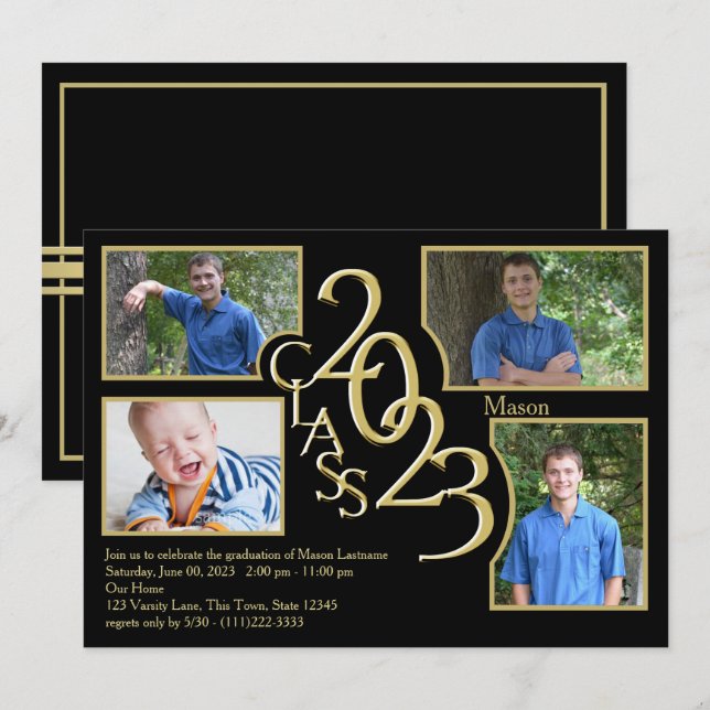 2023 Graduation Class of Quad Photo Black Invitation (Front/Back)