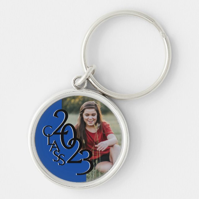2023 Graduation Keepsake Photo Blue and Black Keychain (Front)