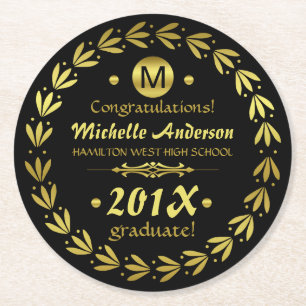 2023 Graduation Party   Custom Gold Laurel Wreath Round Paper Coaster