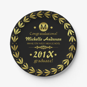 2023 Graduation Party Laurel Wreath Gold Black Paper Plate