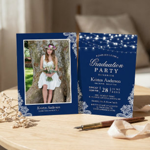 2023 Graduation Party String Lights Lace Navy Blue Invitation