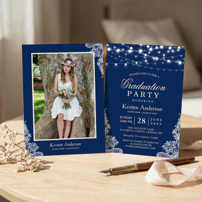 2023 Graduation Party String Lights Lace Navy Blue Invitation (Creator Uploaded)