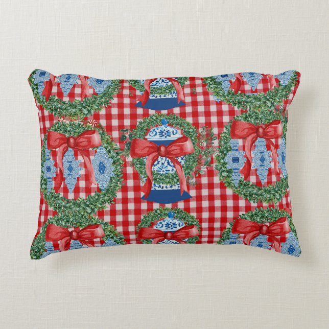 2023 Green Red Ginger Jars Gingham Accent Pillow (Front)