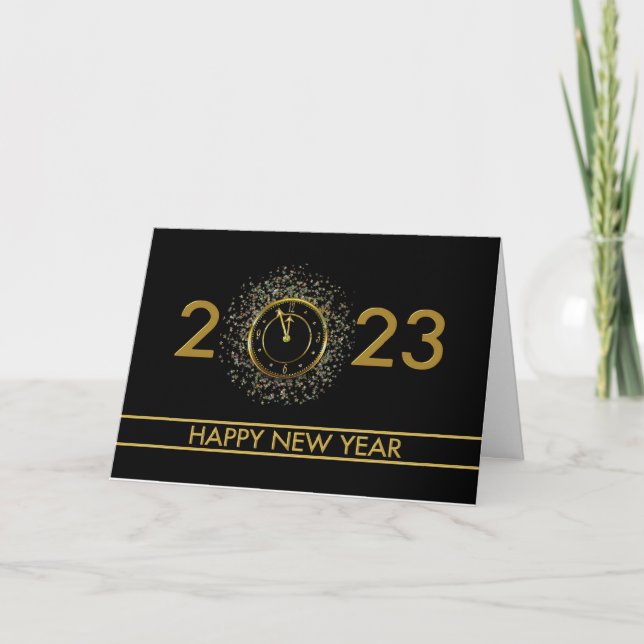2023 HAPPY NEW YEAR  BLACK GOLD CLOCK HOLIDAY CARD (Front)