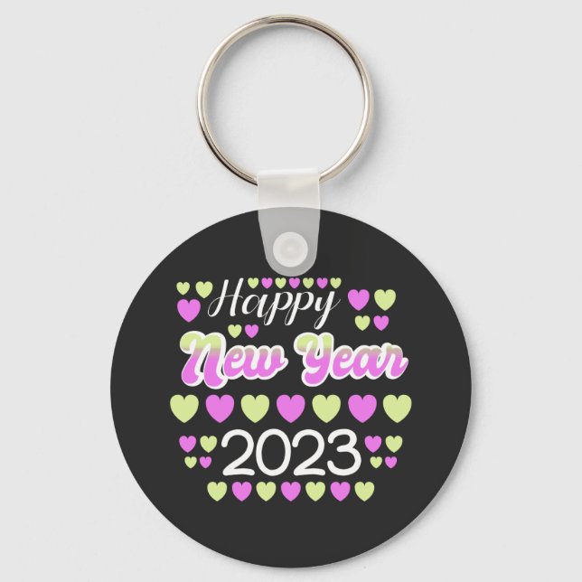 2023 Happy New Year Colourful text and hearts Keychain (Front)