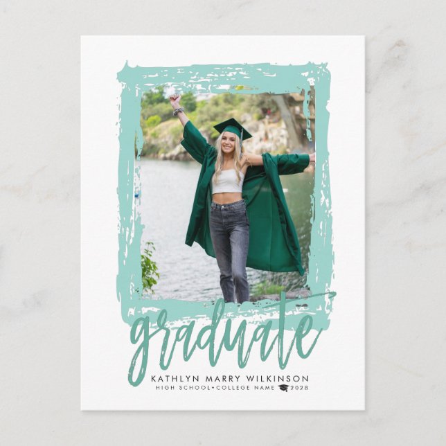 2023 Modern Brush Script Mint Green Photo Grad Announcement Postcard (Front)