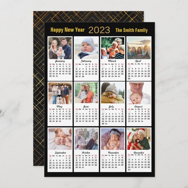 2023 Modern Family 12 Photo Gold Script Calendar Holiday Card (Front/Back)