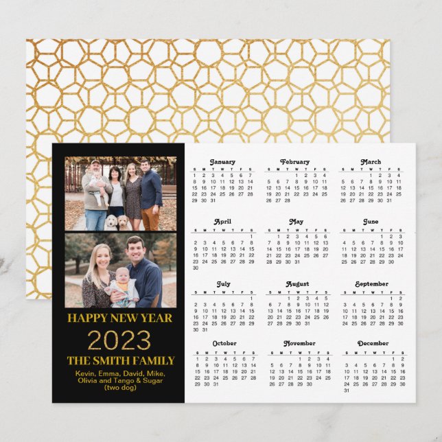 2023 Modern Gold Glitter Script 2 Photo Calendar Holiday Card (Front/Back)