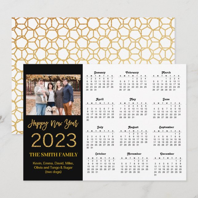 2023 Modern Gold Glitter Script Photo Calendar Holiday Card (Front/Back)