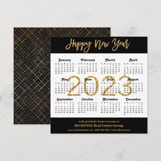 2023 Modern Gold Script on Black Business Calendar Holiday Card (Front/Back)