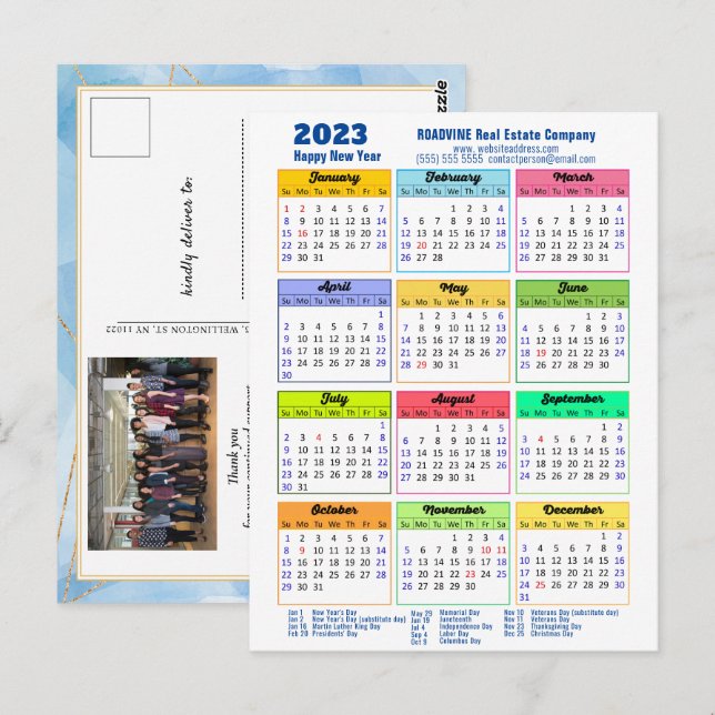 2023 Modern Yearly Calendar Corporate Blue Gold Postcard (Front/Back)