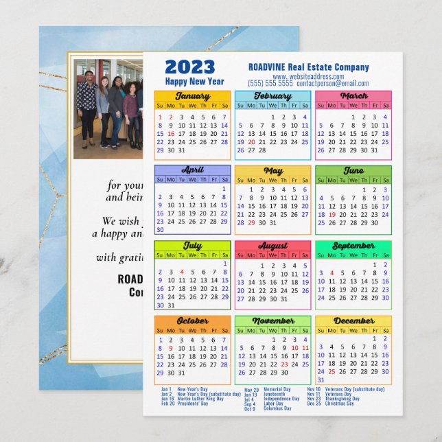 2023 Modern Yearly Calendar Corporate Blue Photo Holiday Card (Front/Back)