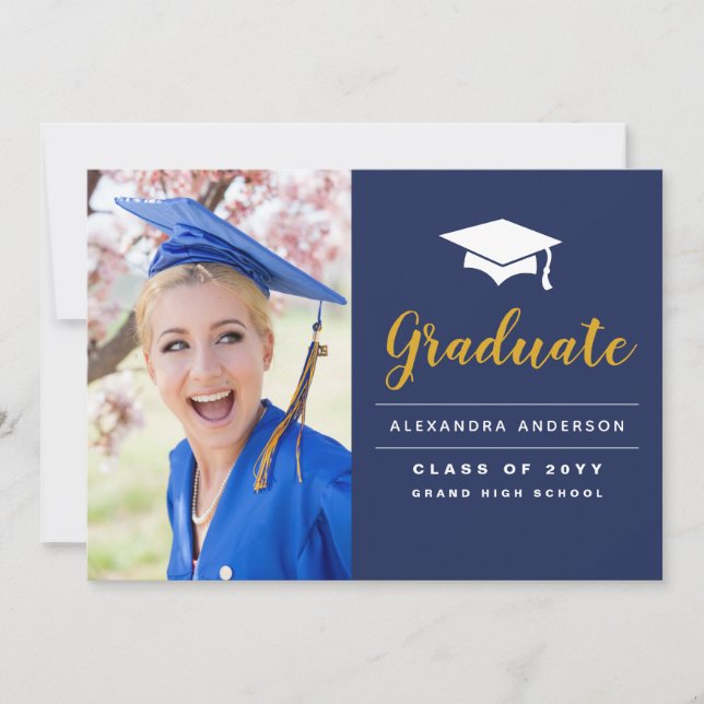 2023 Navy Blue Gold Photo Graduation Announcement (Front)