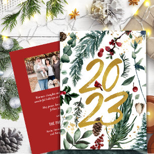 2023 New Year Gold Confetti Pine Bough Photo Holiday Card