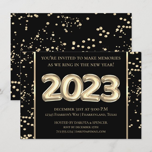 2023 New Years | Gold and Black Balloon Confetti Invitation (Front/Back)