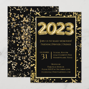 2023 New Years   Gold and Black Balloon Confetti Invitation