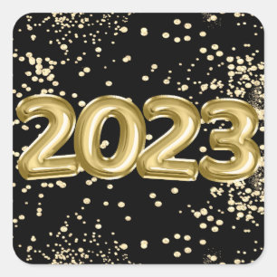 2023 New Years Gold and Black Balloon Confetti Square Sticker
