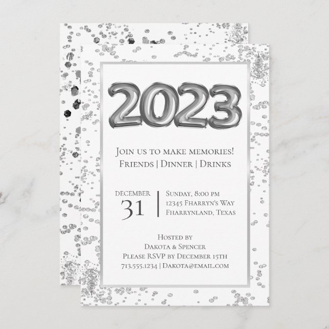 2023 New Years | Silver and Black Balloon Confetti Invitation (Front/Back)