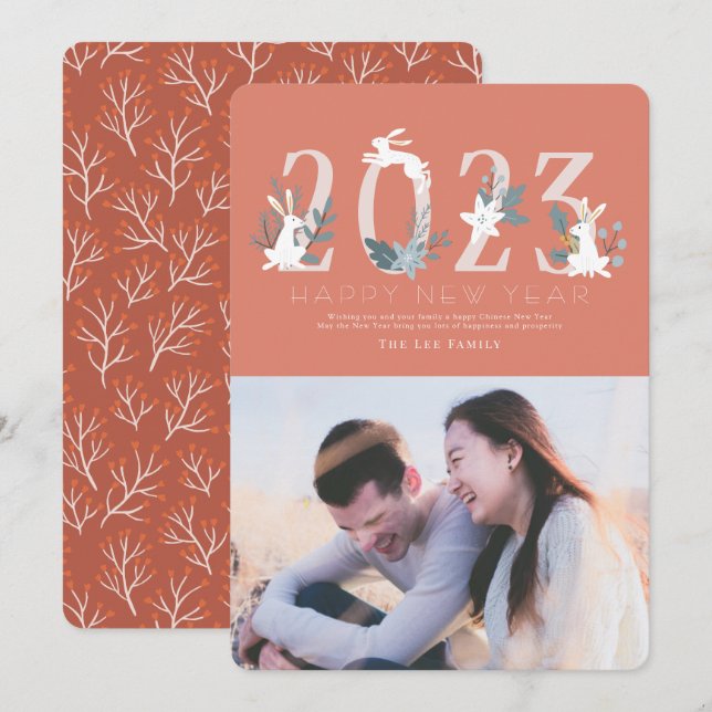 2023 Red Foliage Bunny Chinese New Year Photo Card (Front/Back)