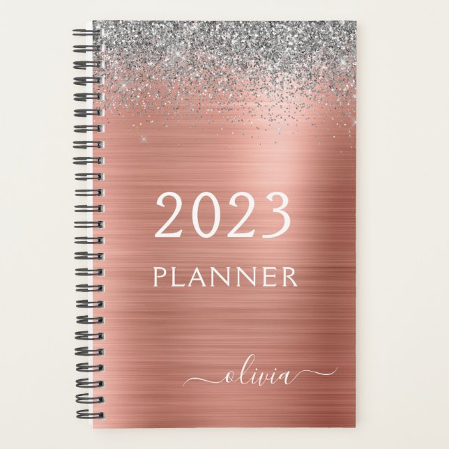 2023 Rose Gold Blush Silver Glitter Monogram Planner (Front)