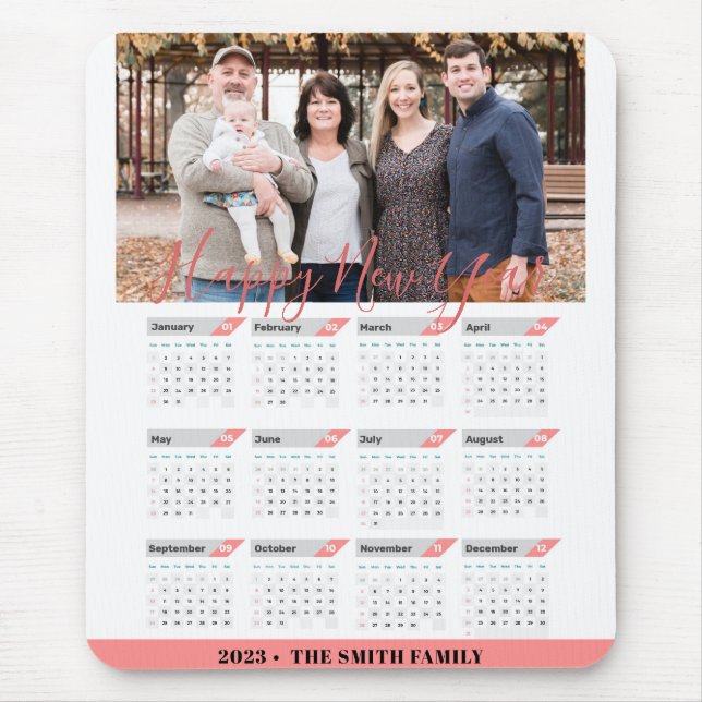 2023 Rose Gold Modern Family Photo Calendar Mouse Pad (Front)