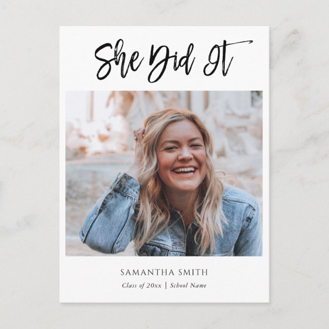 2023 She Did It Modern Script Photo Graduation Invitation Postcard (Front)