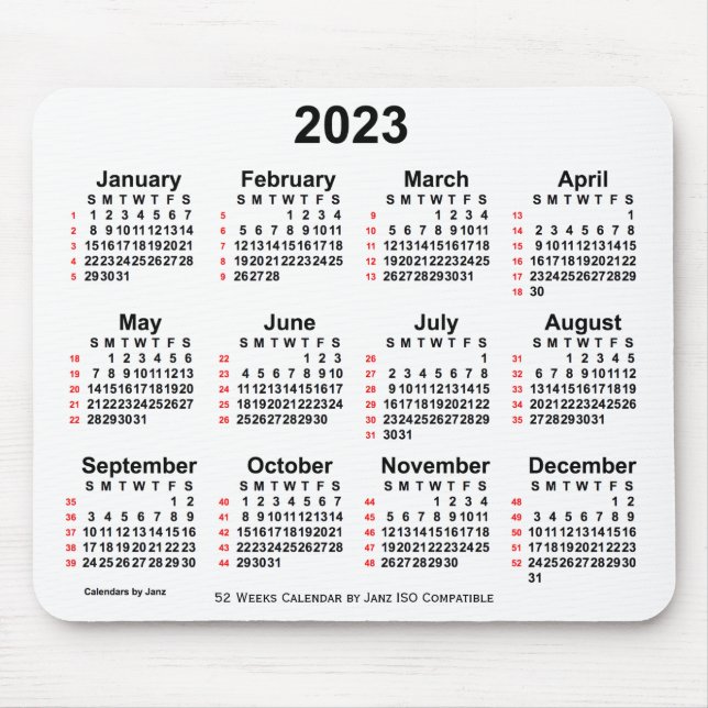 2023 White 52 Weeks ISO Calendar by Janz Mouse Pad (Front)